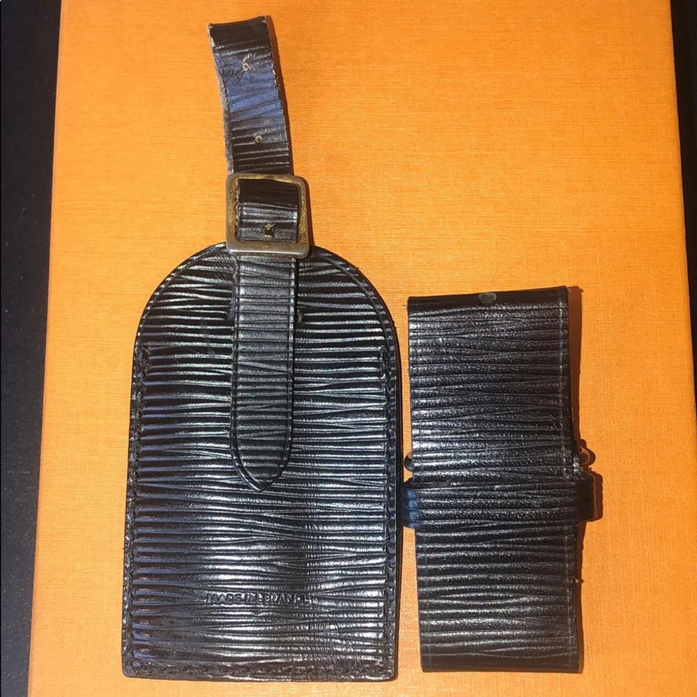 Louis Vuitton Black Epi Leather Luggage Tag and Poignet Set